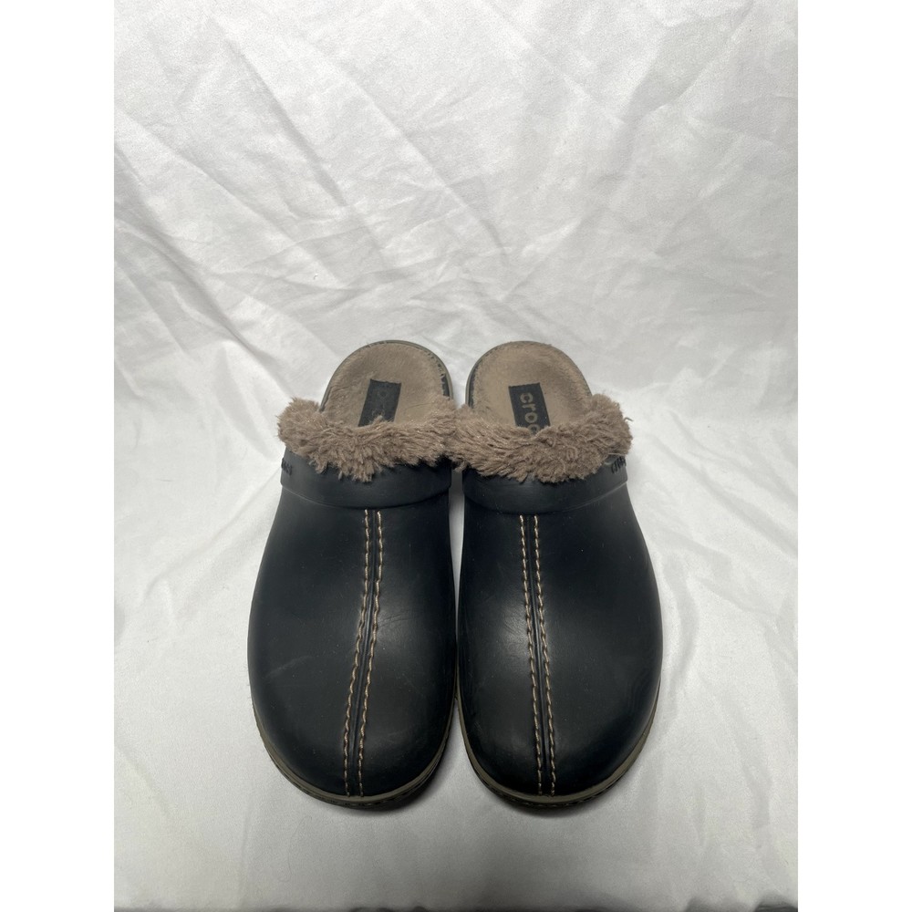 Crocs Cobbler Eva Clogs Womens Size 8 Black & Brown Mules Faux Fur Lined Slip On